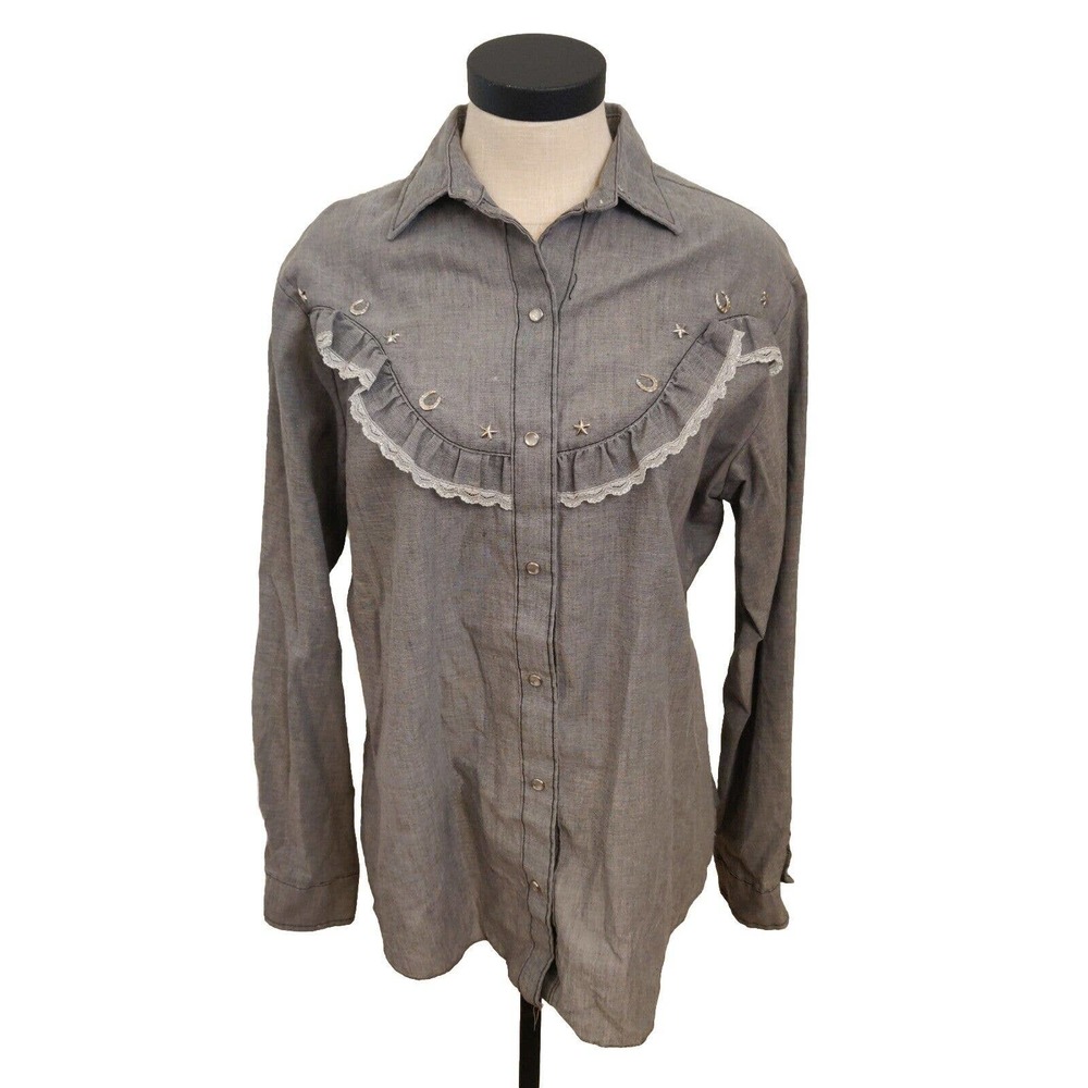 Vintage Miss Rodeo America Button Up Blouse Gray Sz m Long Sleeve Ruffled